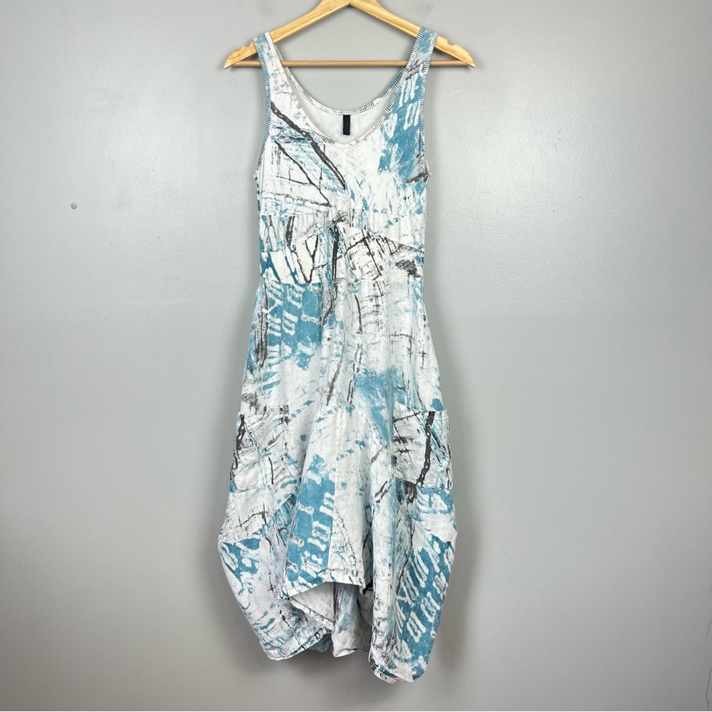 Inizio cotton linen white aqua gray lagenlook lantern tank Magic dress, large.